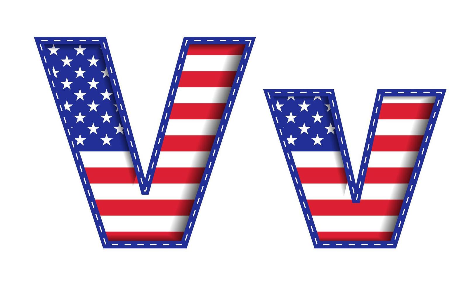 V Alphabet Capital Small Letter USA Independence Memorial Day United States of America Character Font Blue Navy Red Star Stripes  National Flag White Background 3D Paper Cutout  Vector Illustration