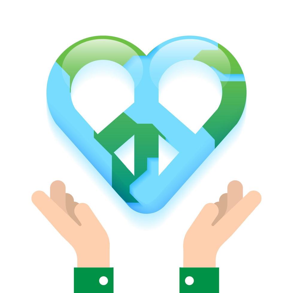 Two Hands Hold Peace Heart World Earth Day Caring Planet on Hand Isolated Eco Sustainability Responsibility Concept 3D Card Icon Cartoon Vector Illustration