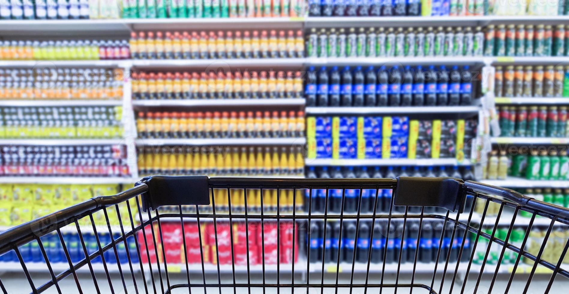 Abstract blurred image of beverage in department store, selective focused at shopping cart. photo