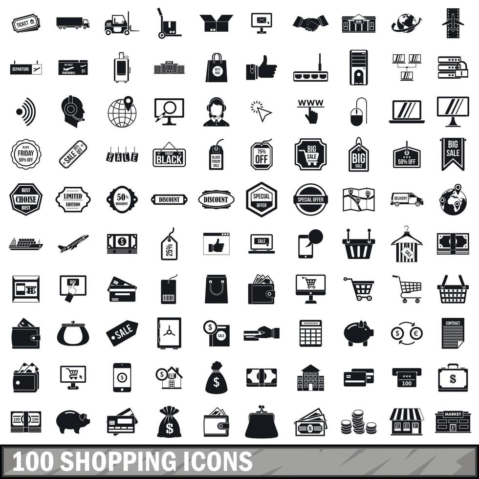 100 shopping icons set in simple style vector