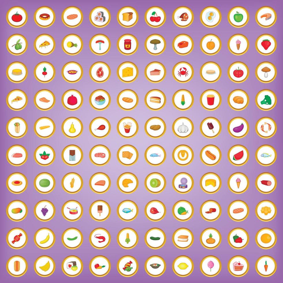 100 food icons set in cartoon style vector
