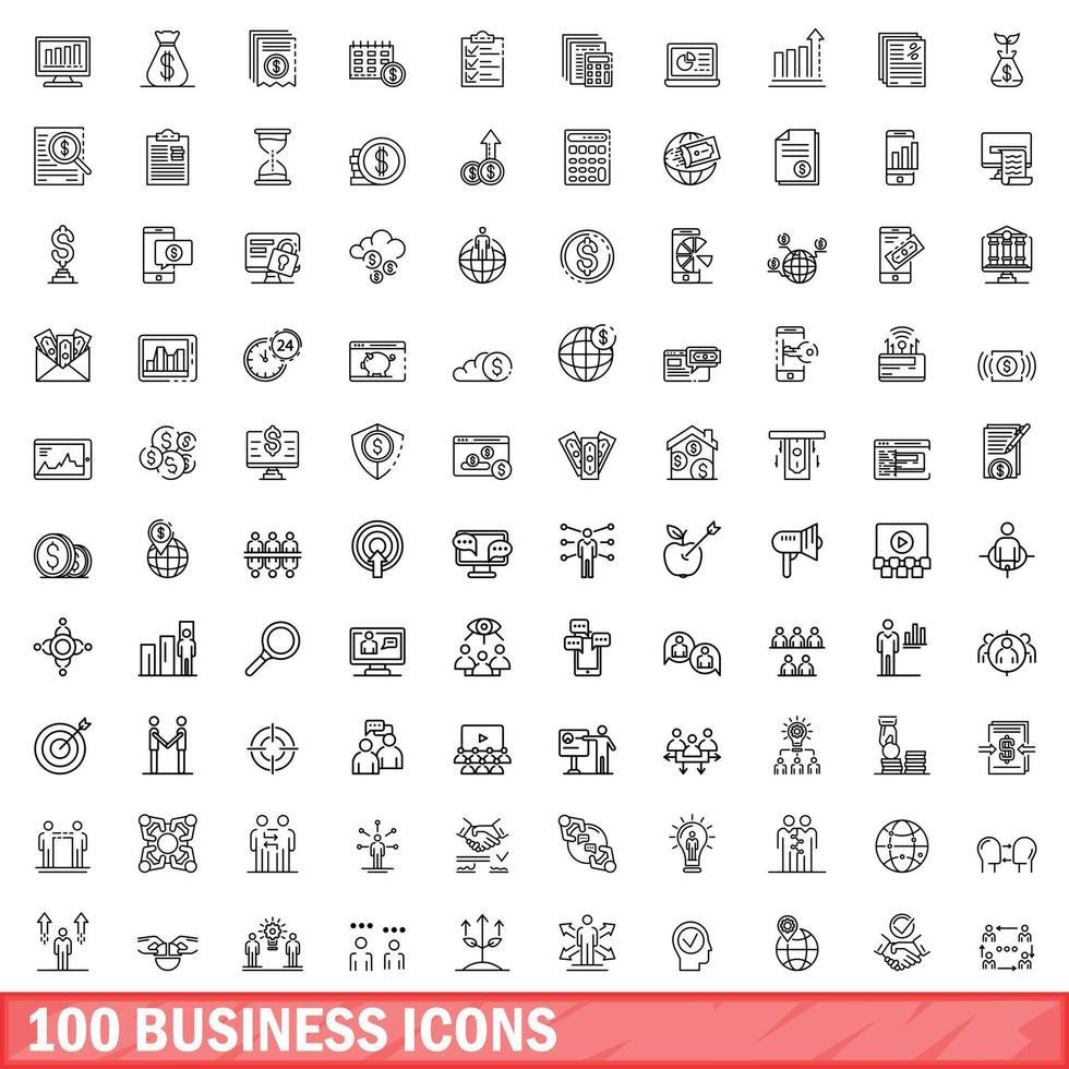 100 business icons set, outline style vector