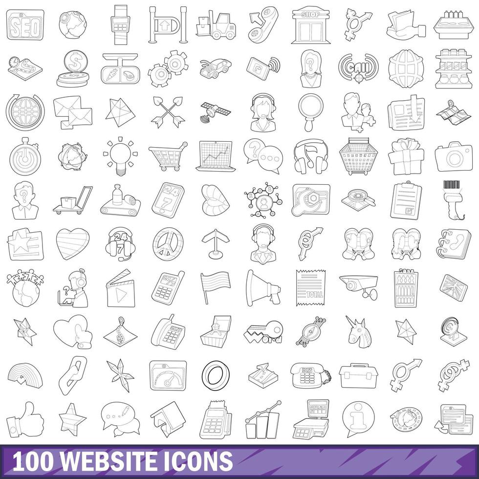 100 website icons set, outline style vector