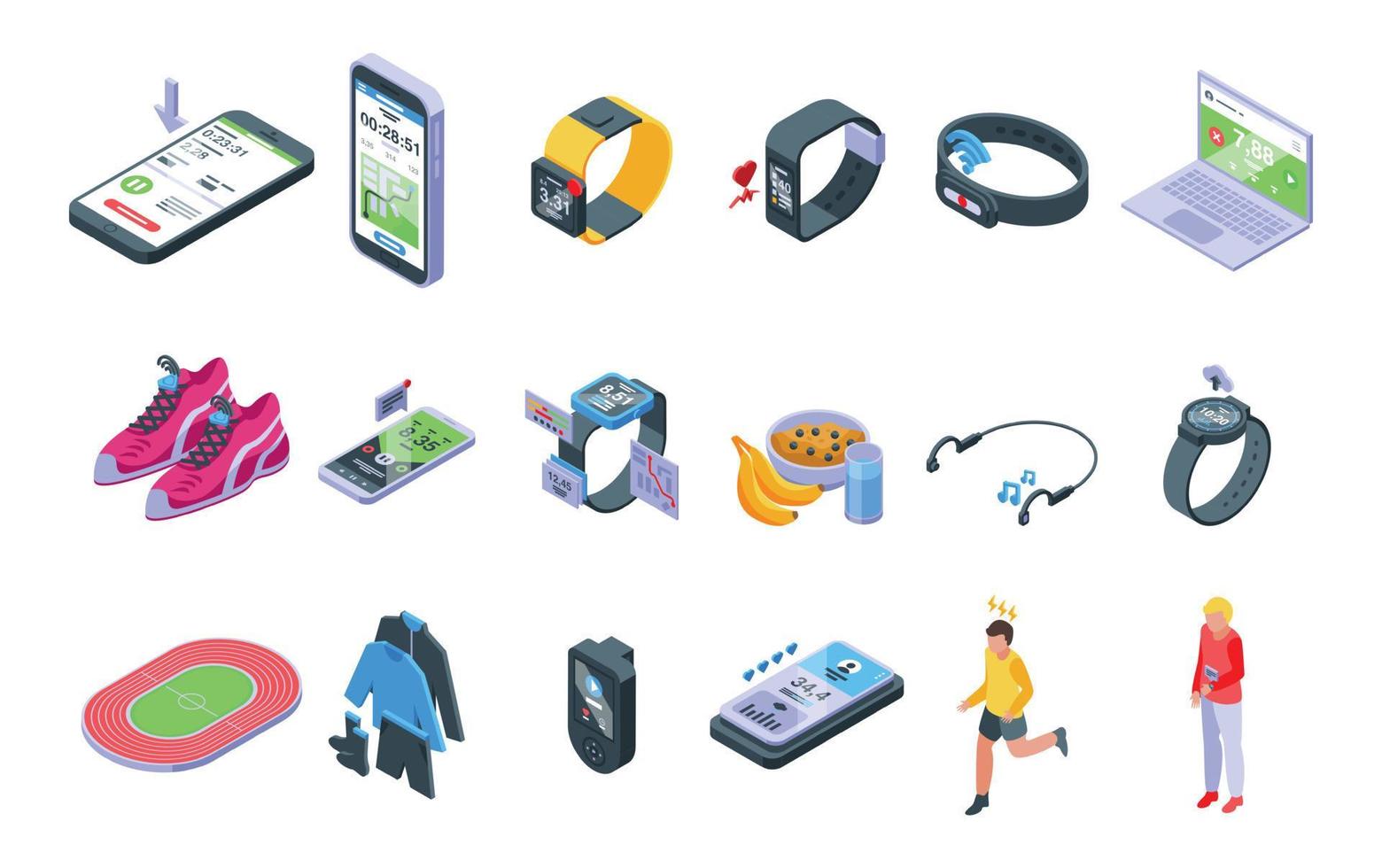 Runner app icons set isometric vector. Chart activity vector