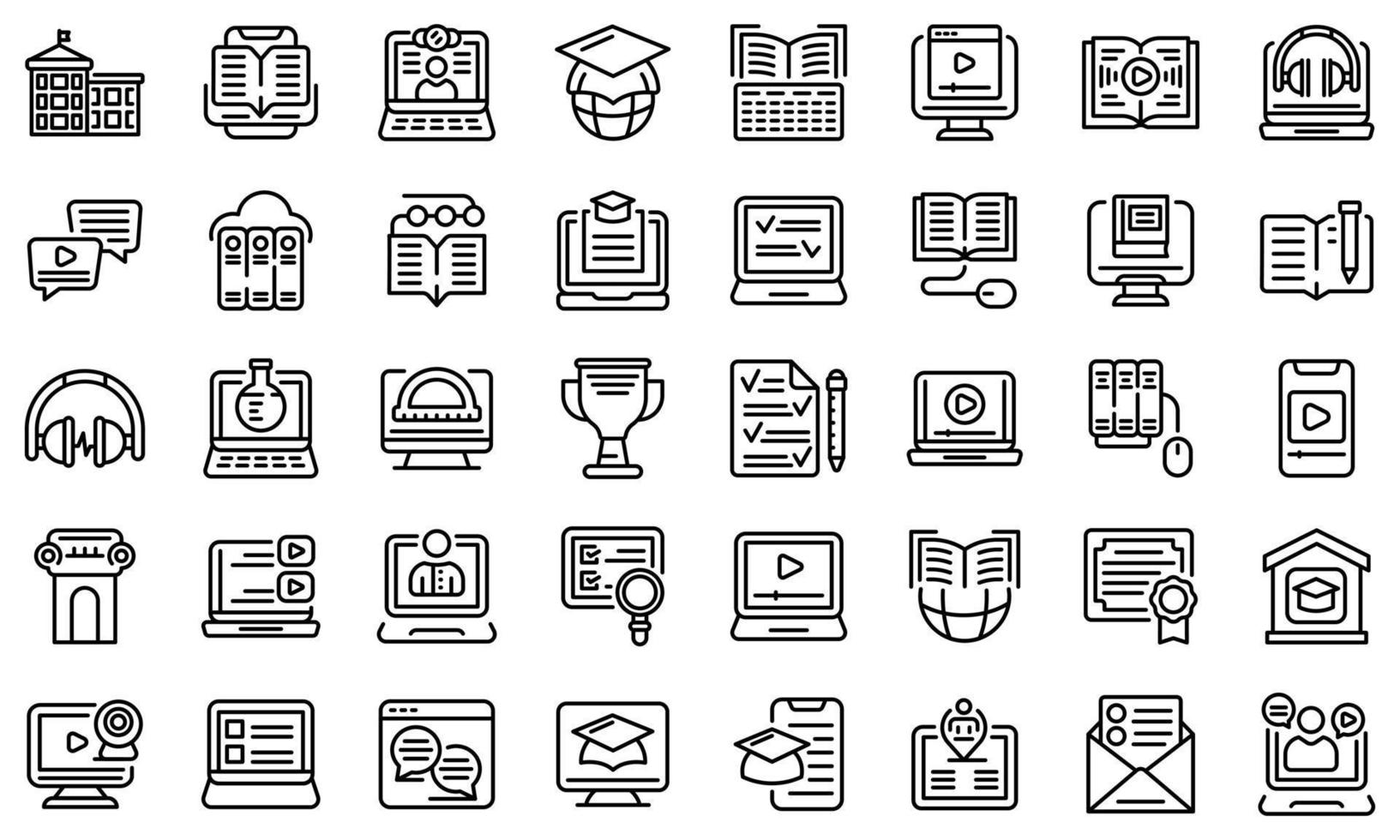 Distance education icons set, outline style vector