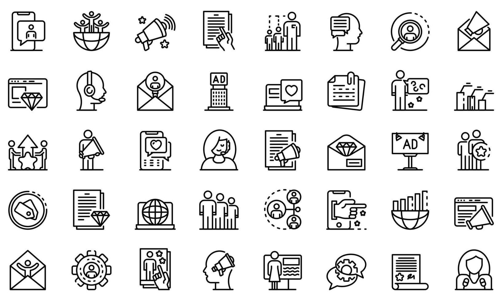 PR specialist icons set, outline style vector