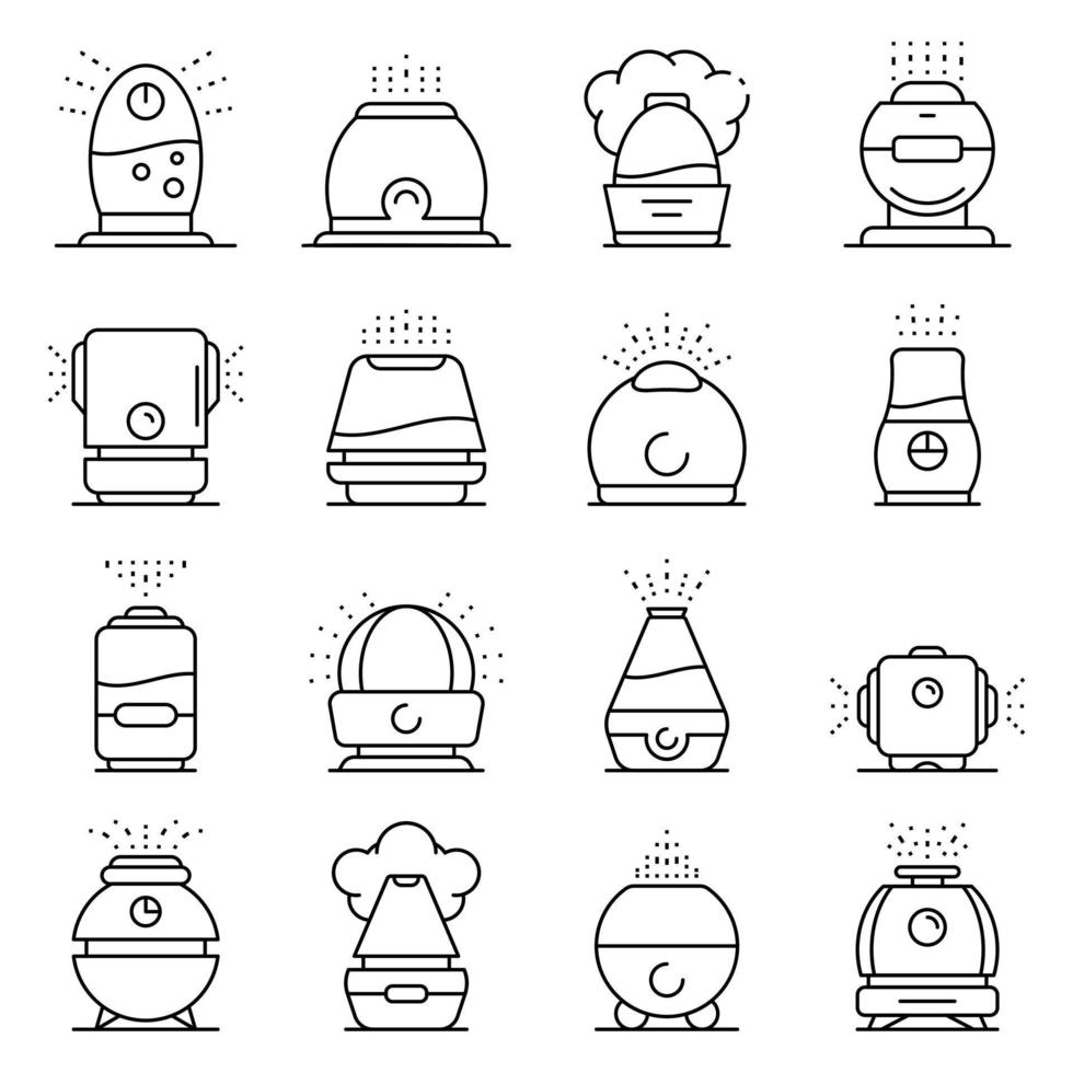 conjunto de iconos de humidificador, estilo de esquema vector