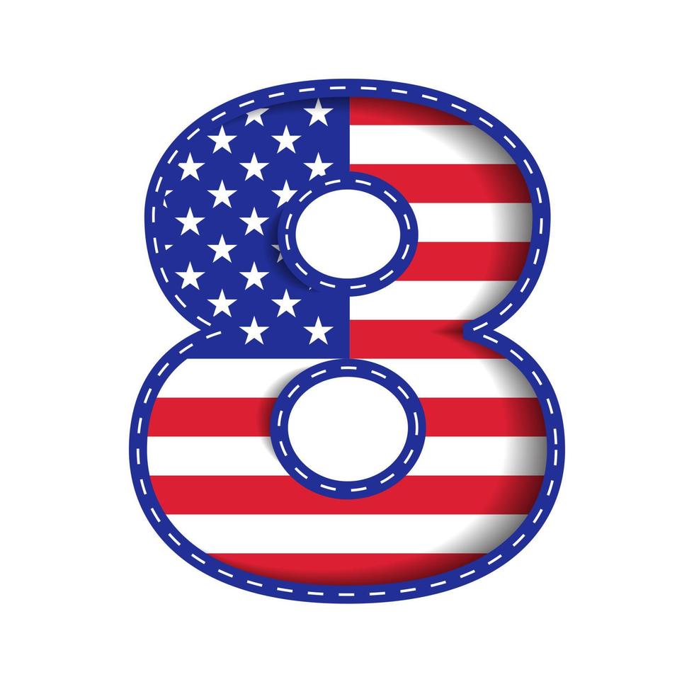 8 Numeric Number Character Letter USA Independence Memorial Day United States of America Character Font Blue Navy Red Star Stripes  National Flag White Background 3D Paper Cutout  Vector Illustration