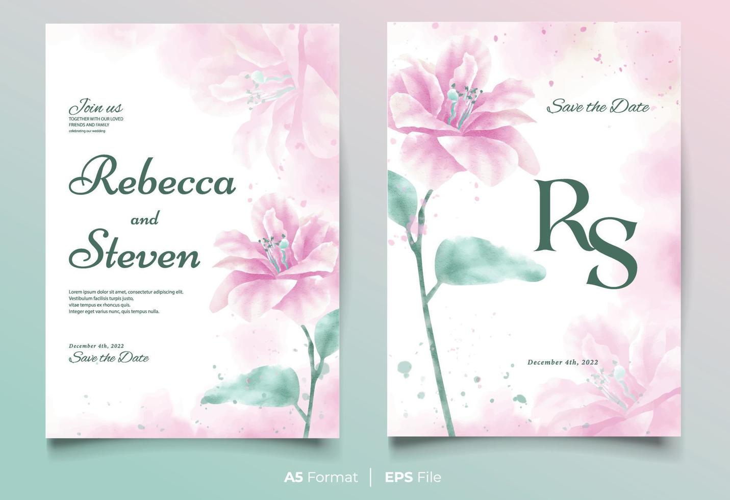 Watercolor wedding invitation template with pink and green flower ornament vector
