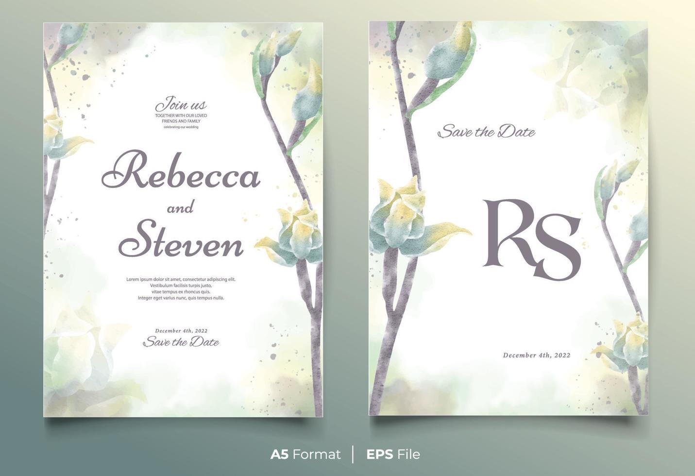 Watercolor wedding invitation template with blue and yellow flower ornament vector