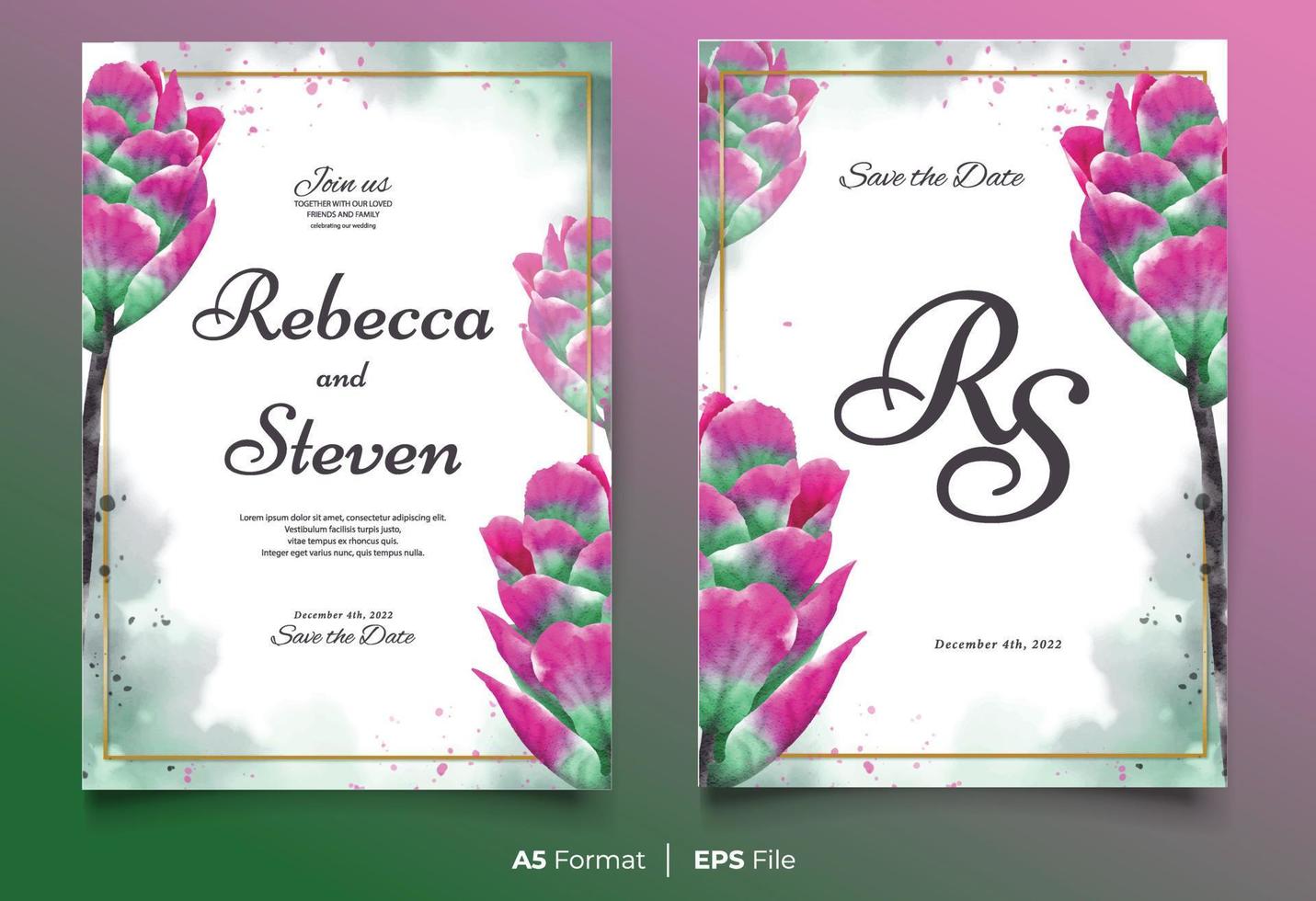 Watercolor wedding invitation template with pink and green flower ornament vector