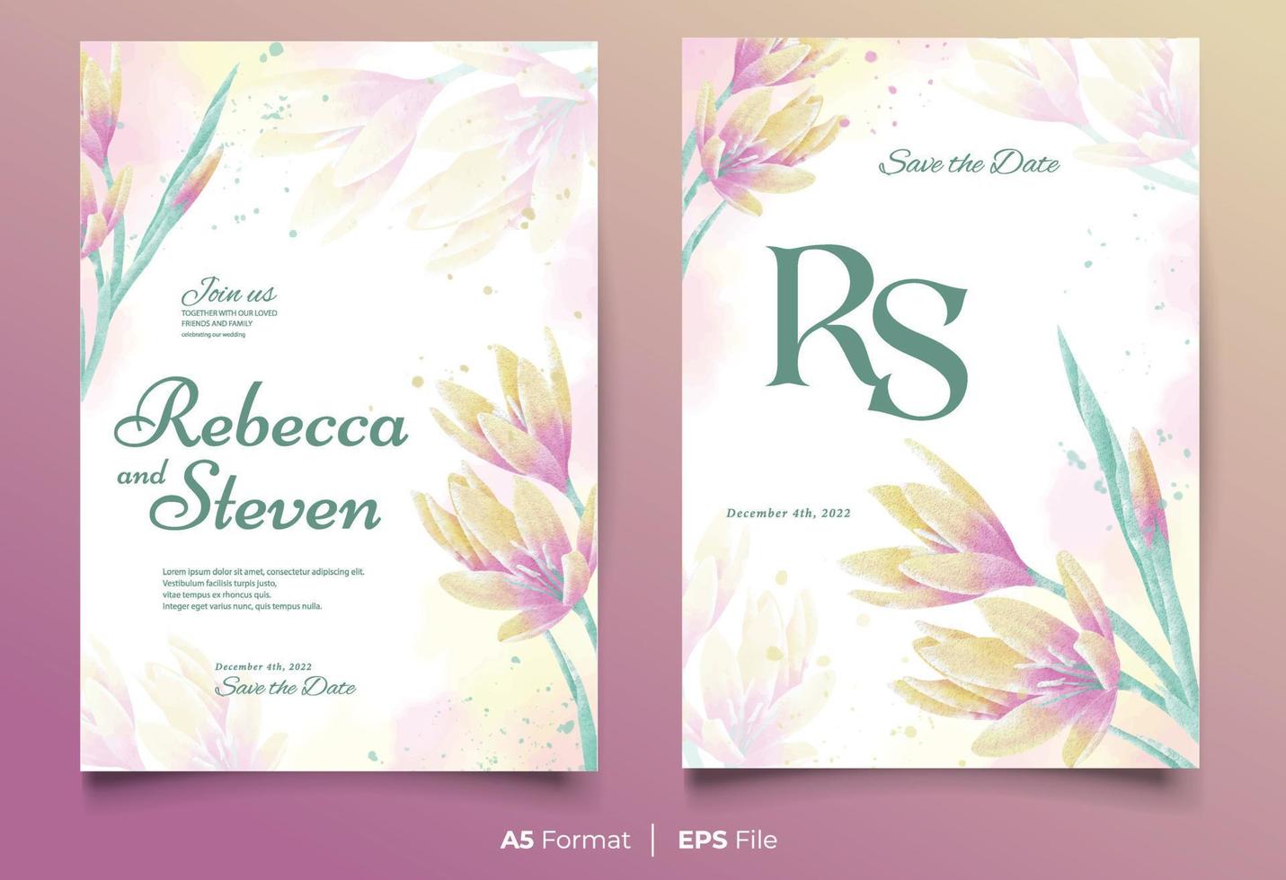 Watercolor wedding invitation template with yellow and purple flower ornament vector