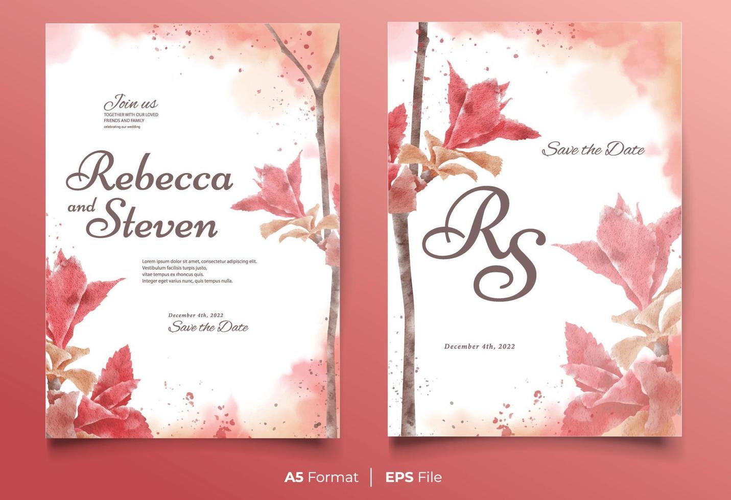 Watercolor wedding invitation template with red and orange flower ornament vector