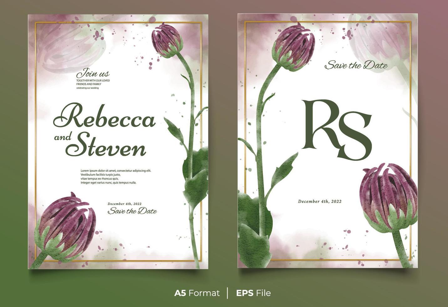 Watercolor wedding invitation template with purple and green flower ornament vector