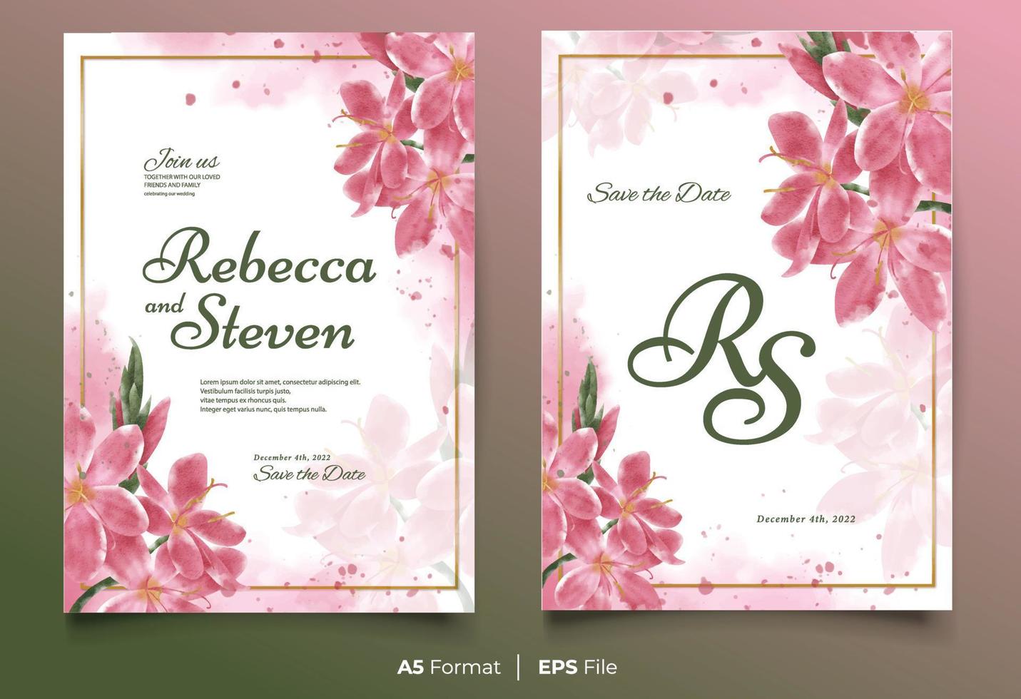 plantilla de invitación de boda de acuarela con adorno de flor rosa y verde vector