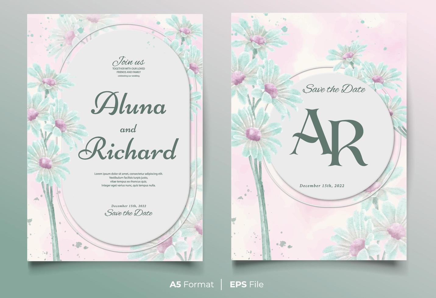 Watercolor wedding invitation template with blue and pink flower ornament vector