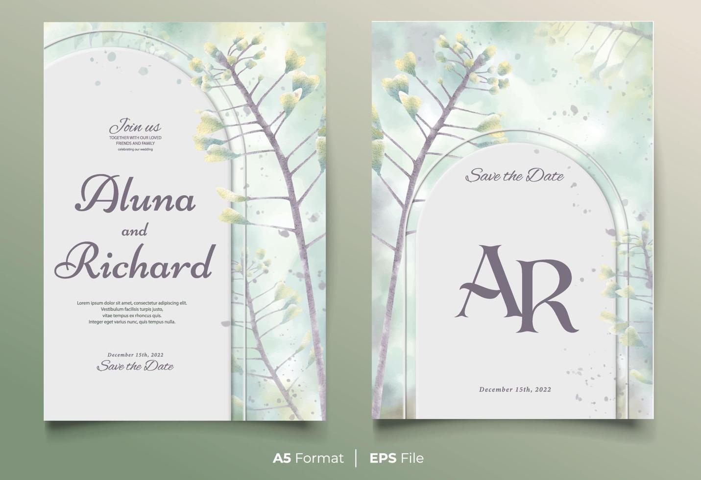 Watercolor wedding invitation template with yellow and blue flower ornament vector