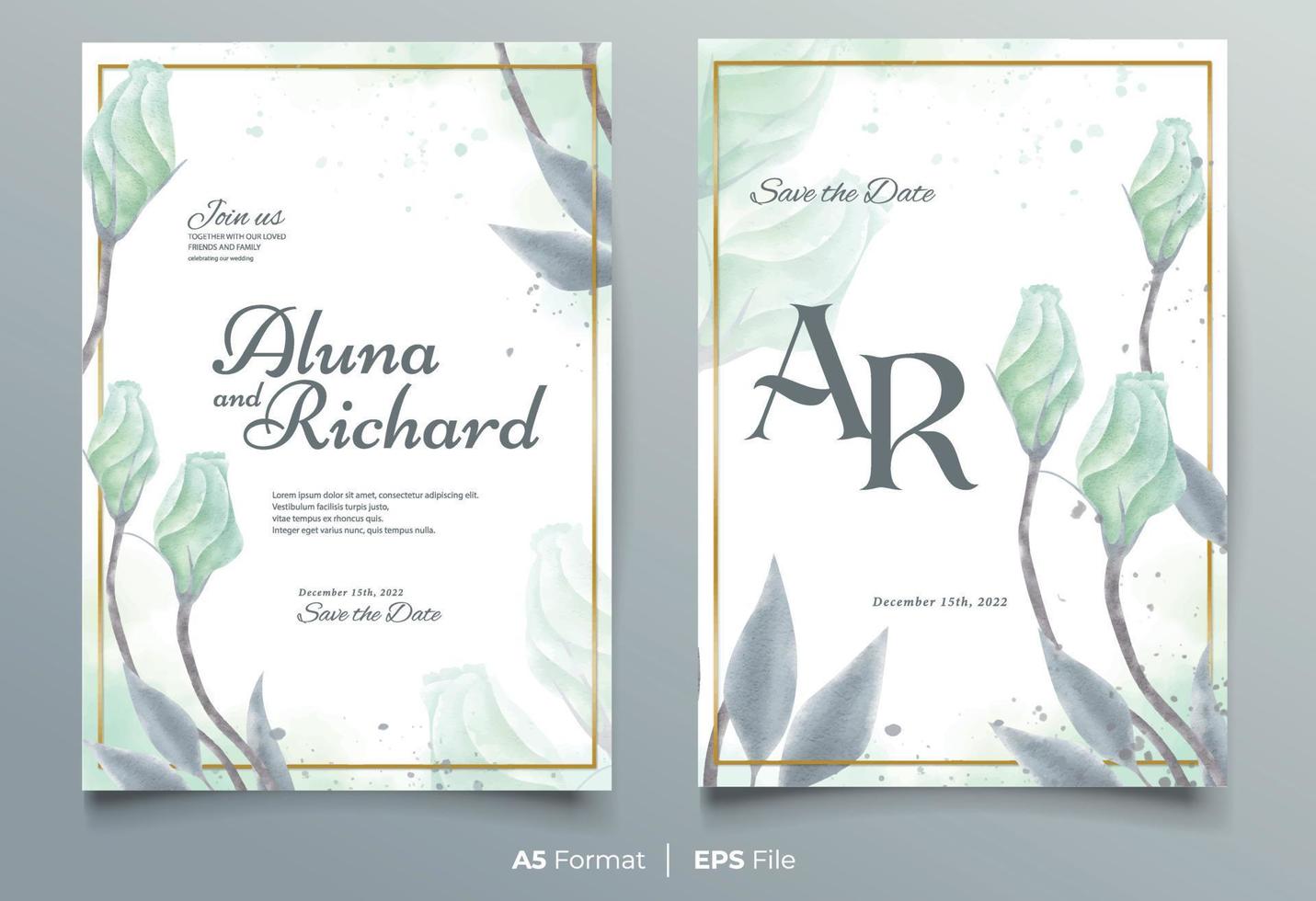 Watercolor wedding invitation template with green and blue flower ornament vector