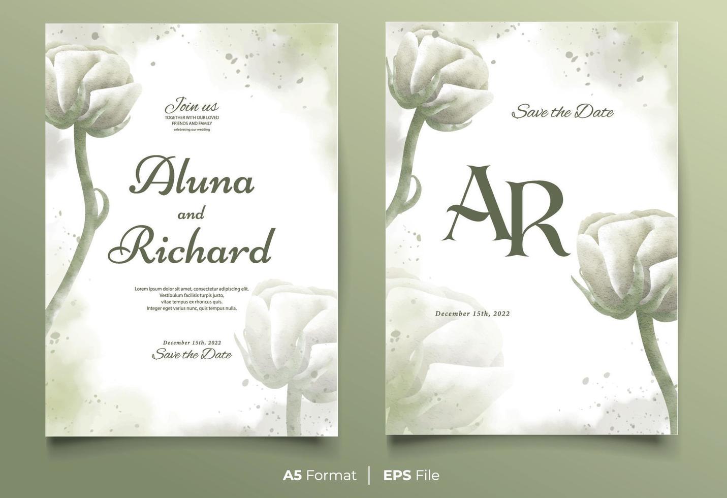 plantilla de invitación de boda de acuarela con adorno de flor blanca vector