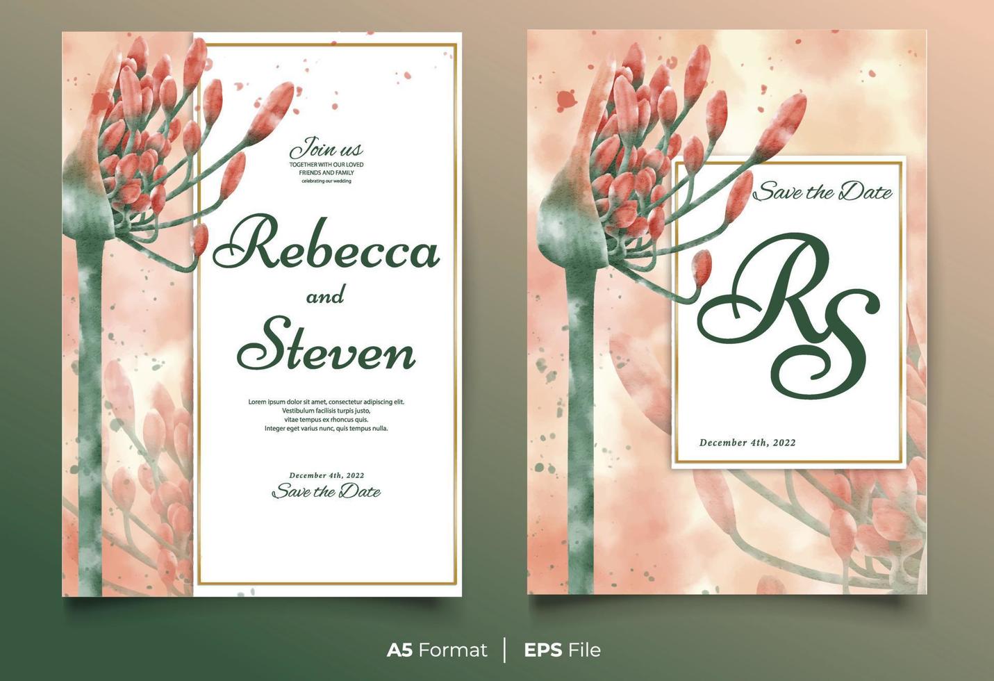 Watercolor wedding invitation template with orange and green flower ornament vector