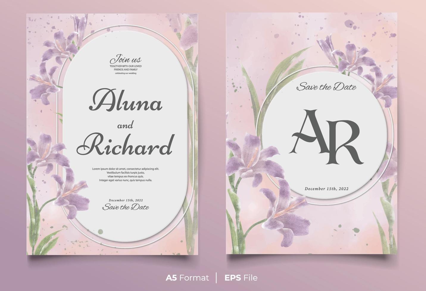 plantilla de invitación de boda en acuarela con adorno de flores moradas y verdes vector