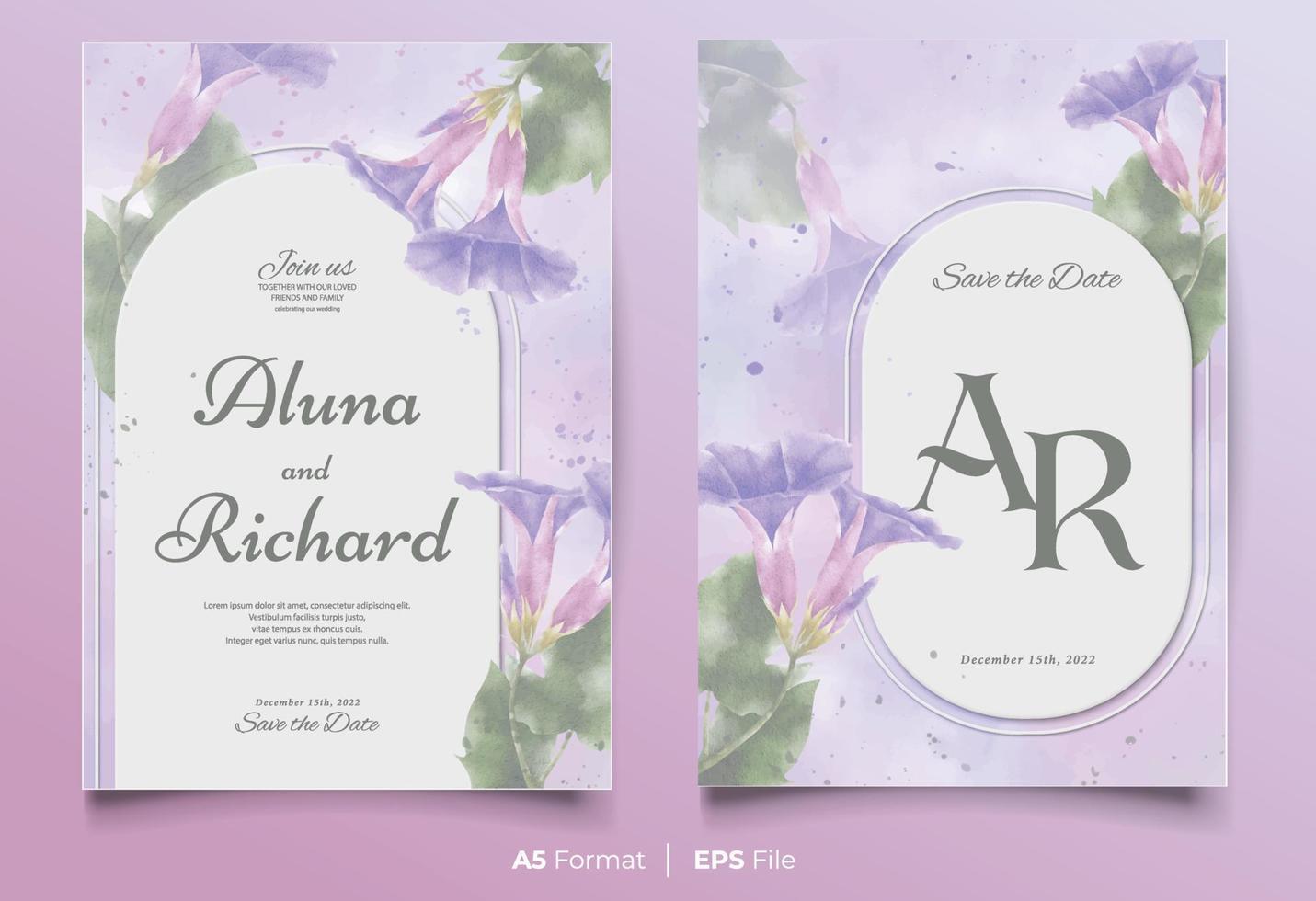 Watercolor wedding invitation template with blue and purple flower ornament vector