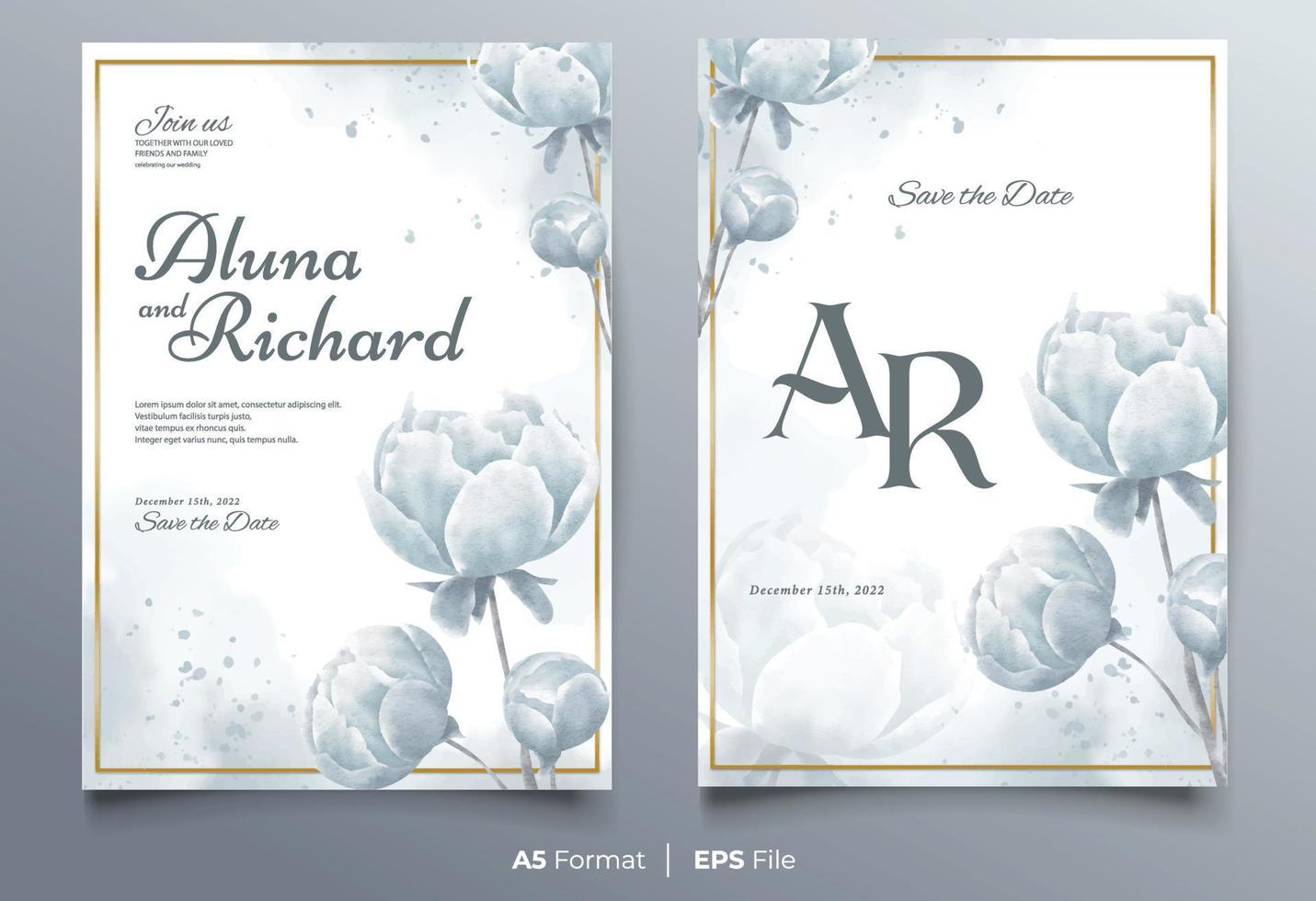 Watercolor wedding invitation template with blue flower ornament vector