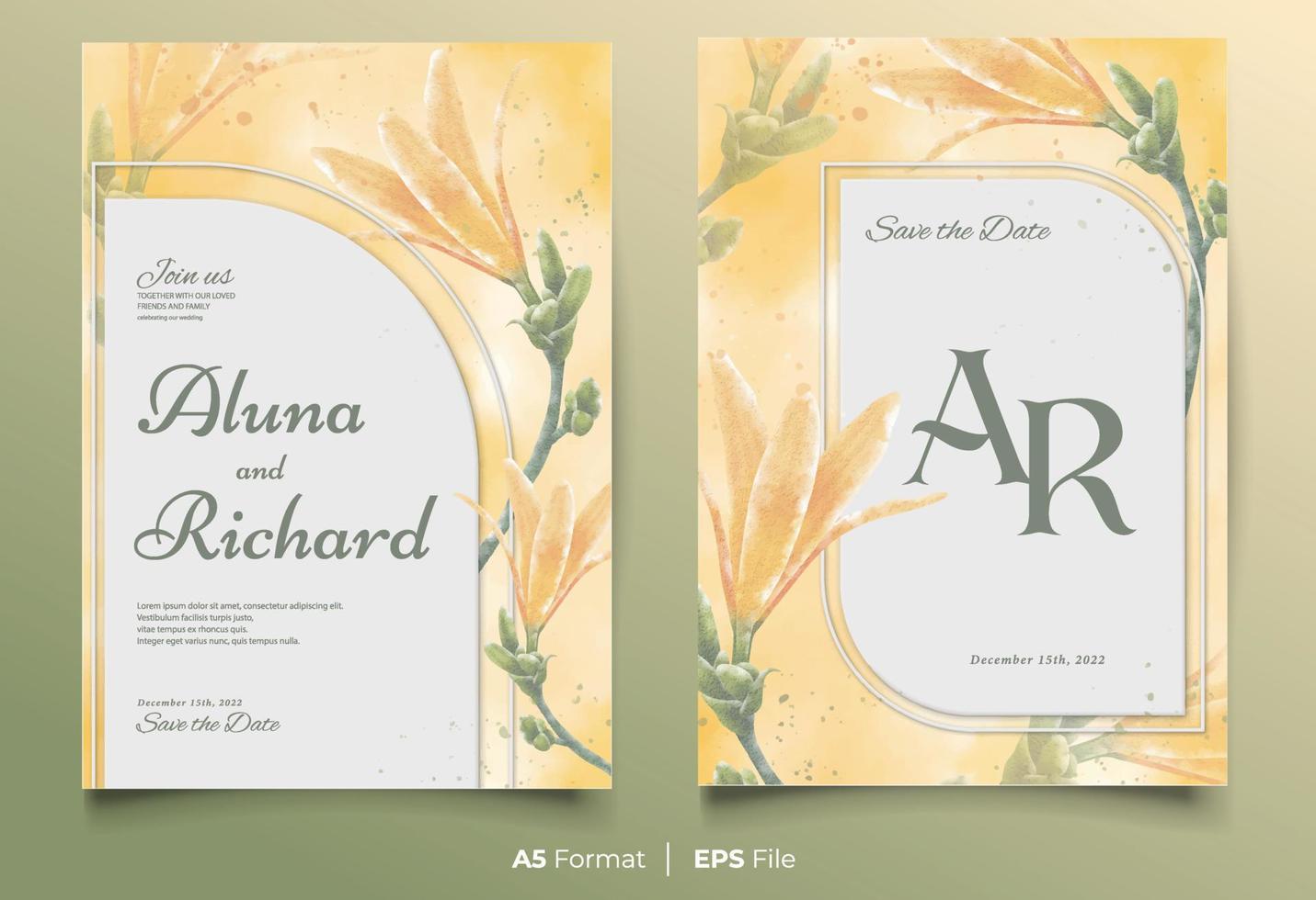 Watercolor wedding invitation template with yellow and green flower ornament vector