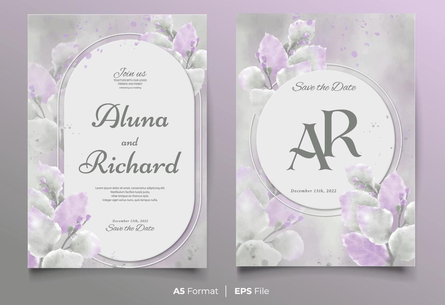 plantilla de invitación de boda de acuarela con adorno de hoja morada y blanca vector