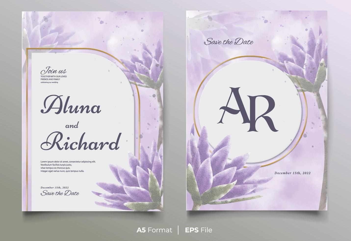 plantilla de invitación de boda en acuarela con adorno de flores moradas y verdes vector