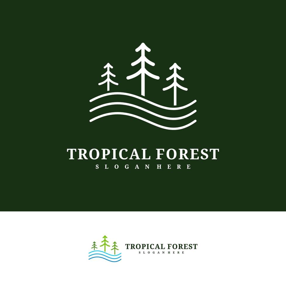 plantilla de vector de diseño de logotipo de árbol de pino, ilustración de conceptos de logotipo de bosque tropical.