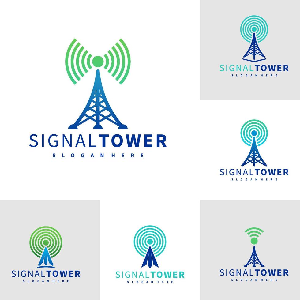 Set of Signal Tower logo design vector template, Signal Tower logo concepts illustration.