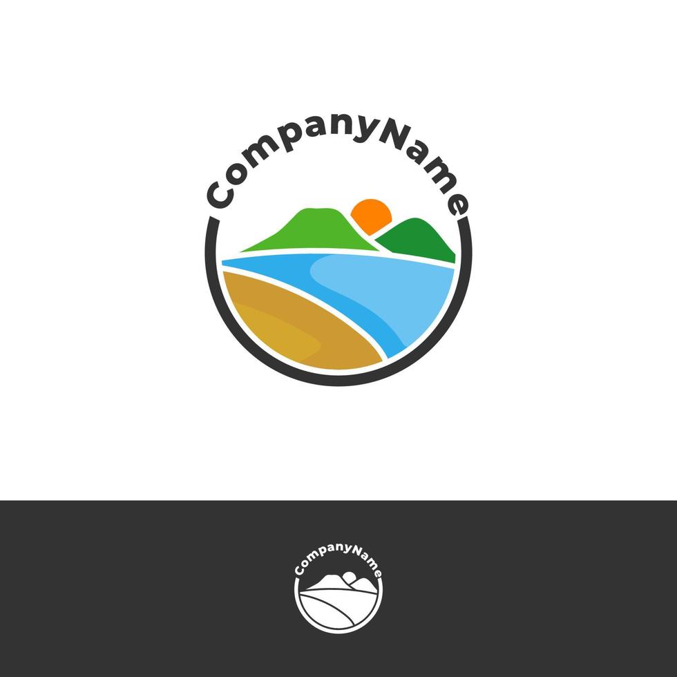 plantilla vectorial de diseño de logotipo de montaña con vista al mar, ilustración de conceptos de logotipo de montaña y mar. vector