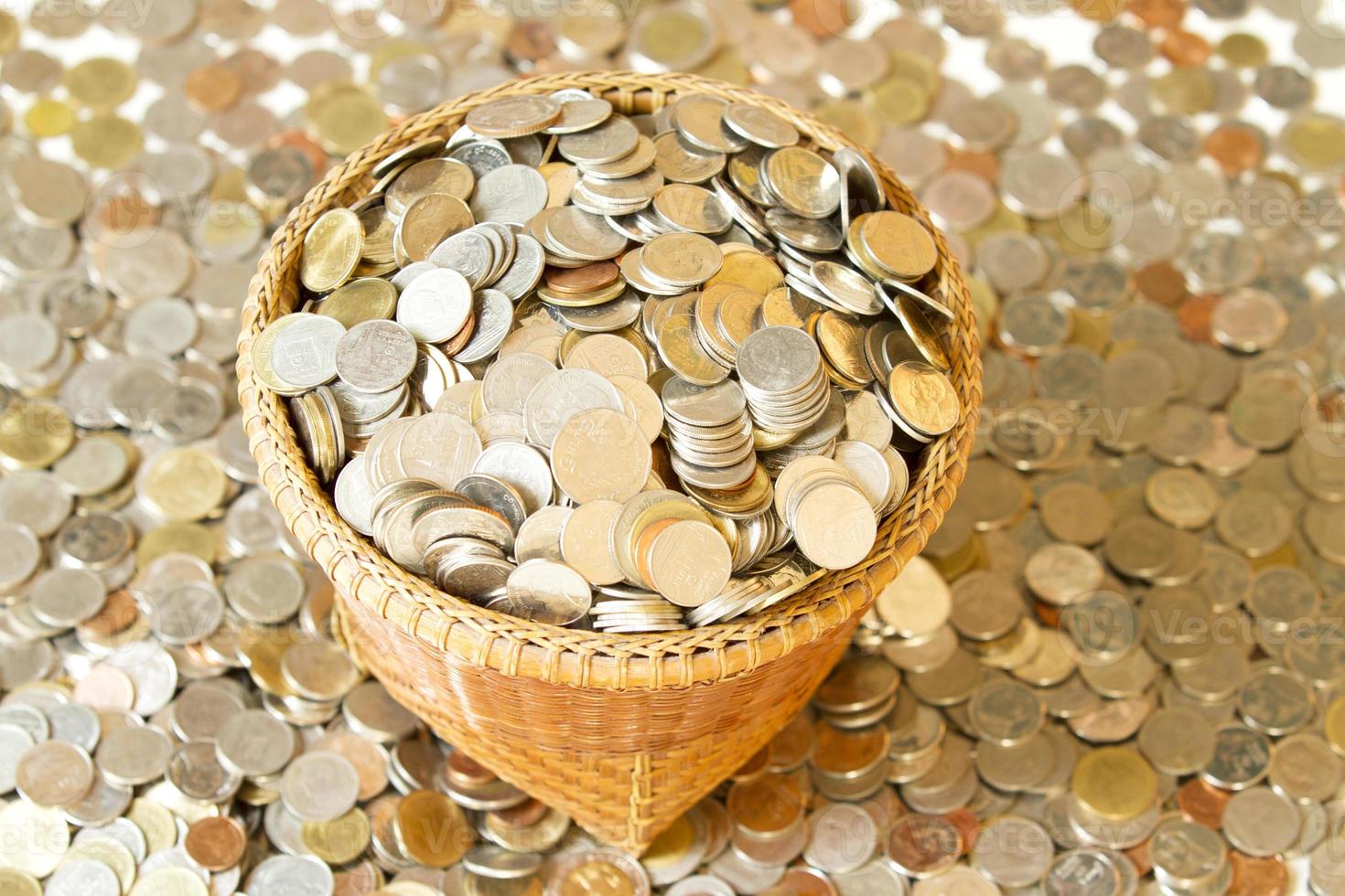 Saving money concept of collecting coins in a basket with coins background. as background business concept and Saving concept. photo