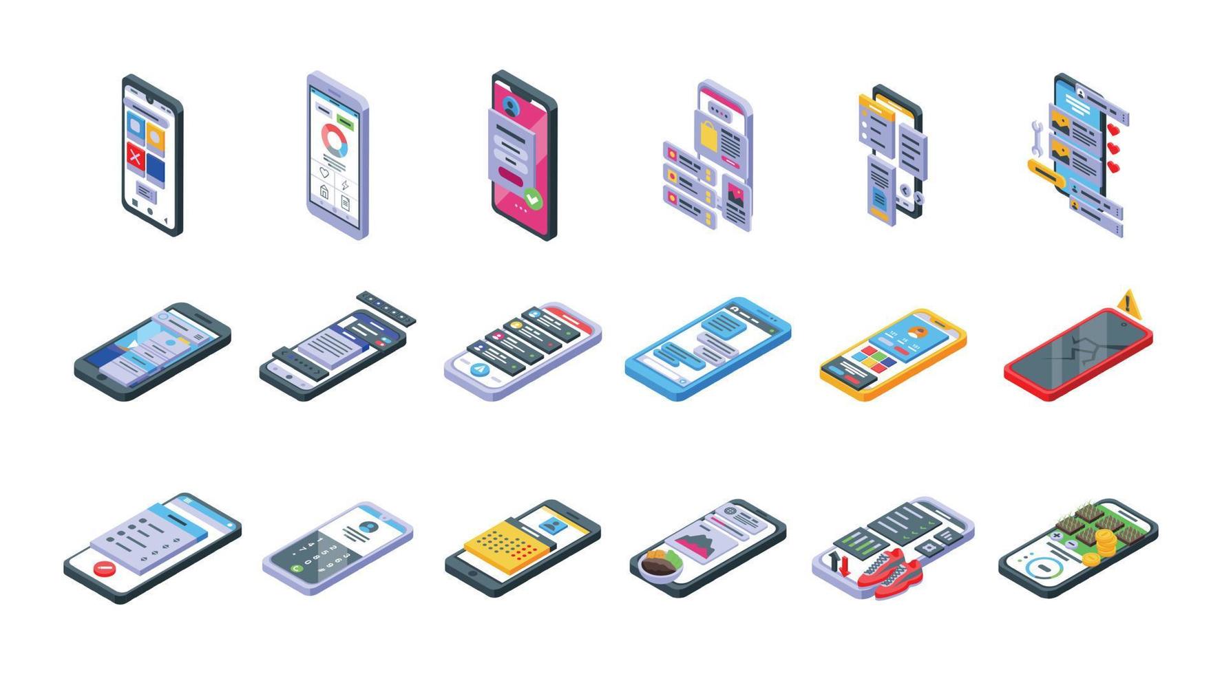 Mobile apps icons set isometric vector. Customer phone vector