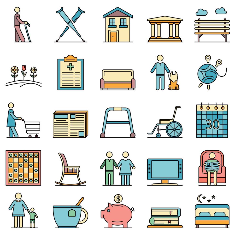 Pension icon set line color vector