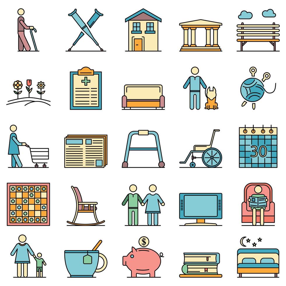 Pension icon set line color vector