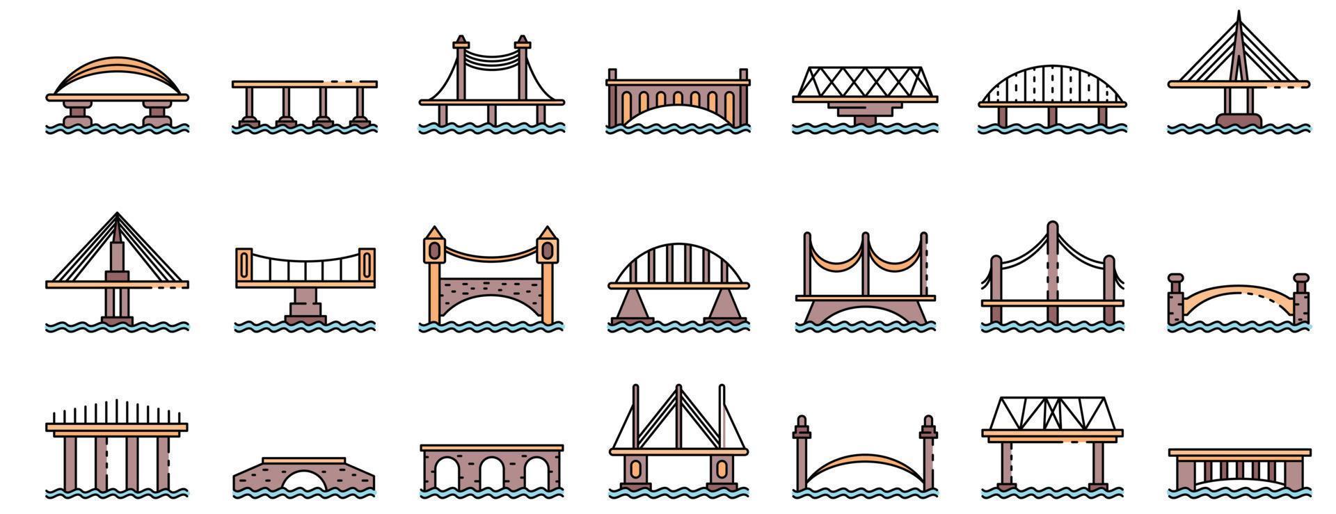 puentes, iconos, conjunto, línea, color, vector