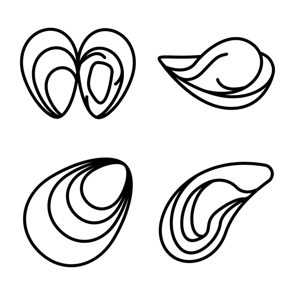 conjunto de iconos de mejillones, estilo de esquema vector
