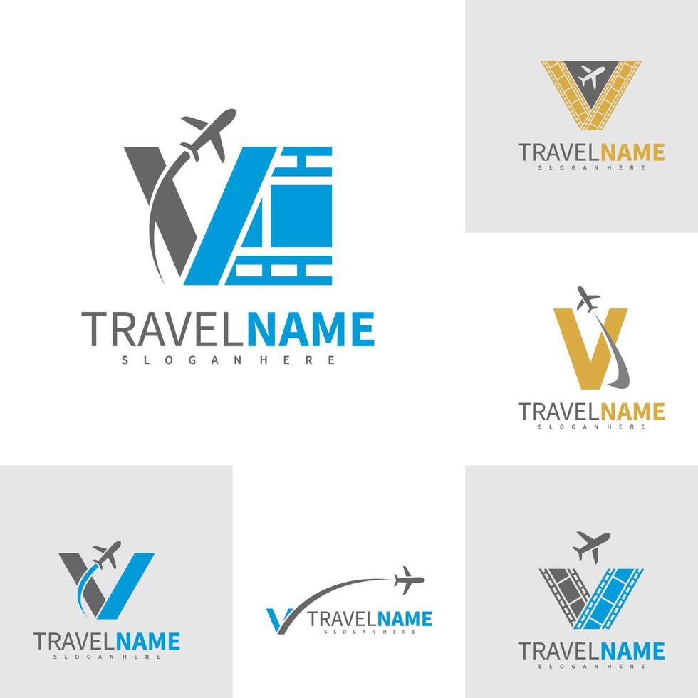 Film Airplane with Letter V logo design vector, Creative Travel logo concepts template illustration. vector