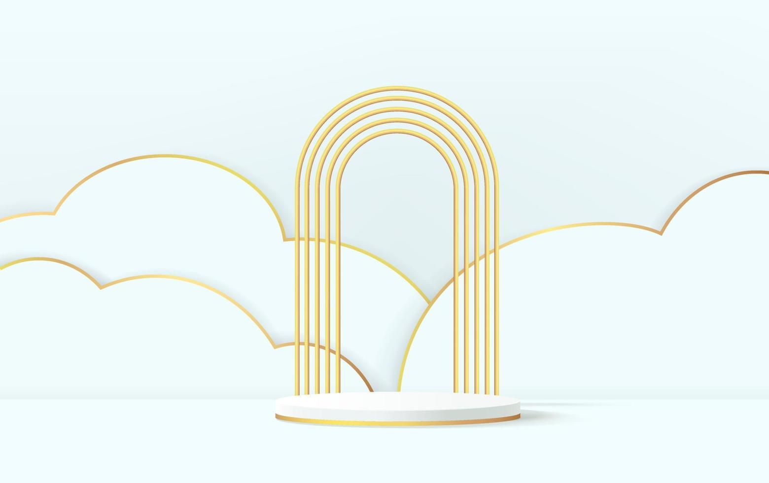 Vector 3D abstract studio room with pedestal podium. White and gold geometric platform with triangle shape overlap backdrop. Luxury scene for demonstration of cosmetic product. Showcase, display case