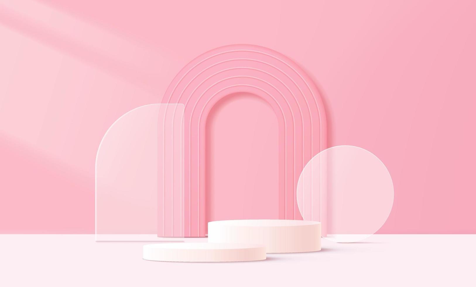 Abstract 3D white cylinder pedestal podium with glass geometric shape backdrop and lighting. Pastel pink minimal wall scene for product display presentation. Vector rendering platform design.