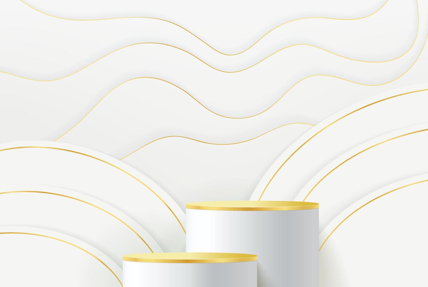 White, gold realistic cylinder pedestal podium with vertical stripes layers backdrop. Vector abstract studio room with 3d geometric platform. minimal scene for products showcase, Promotion display.