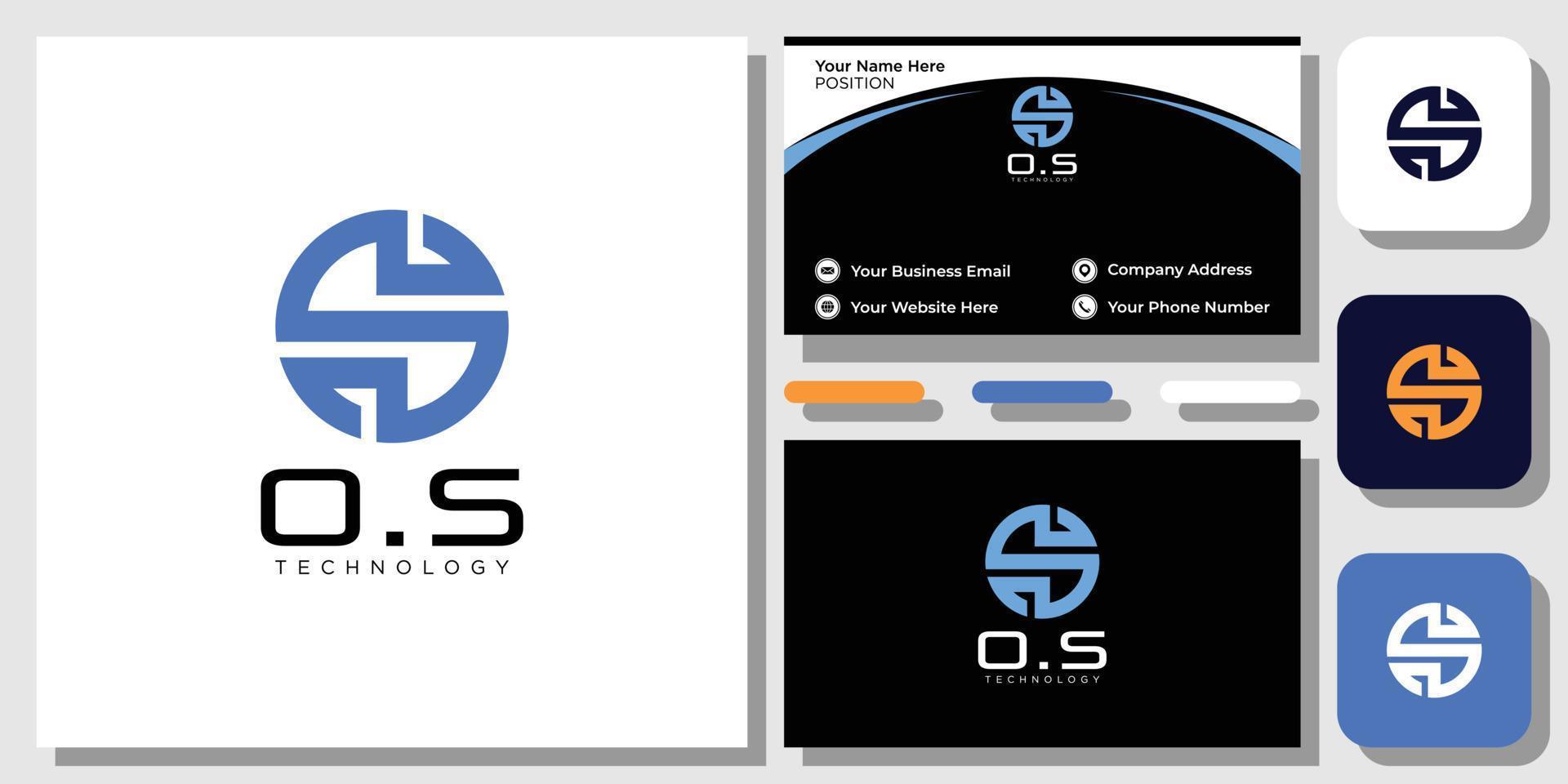 OS technology initials blue bold outline with business card template vector