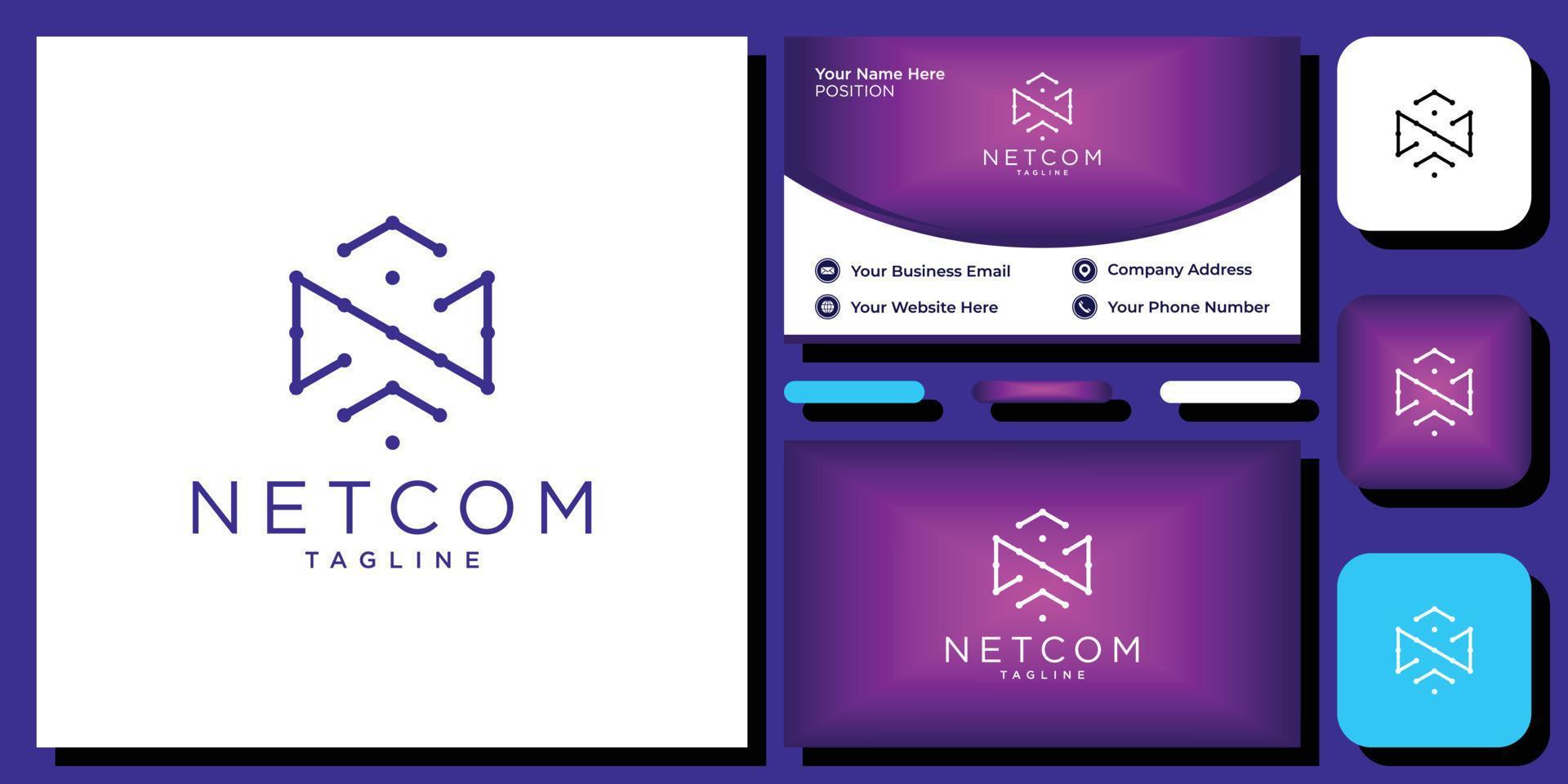 Netcom initials abstract technology modern with business card template vector