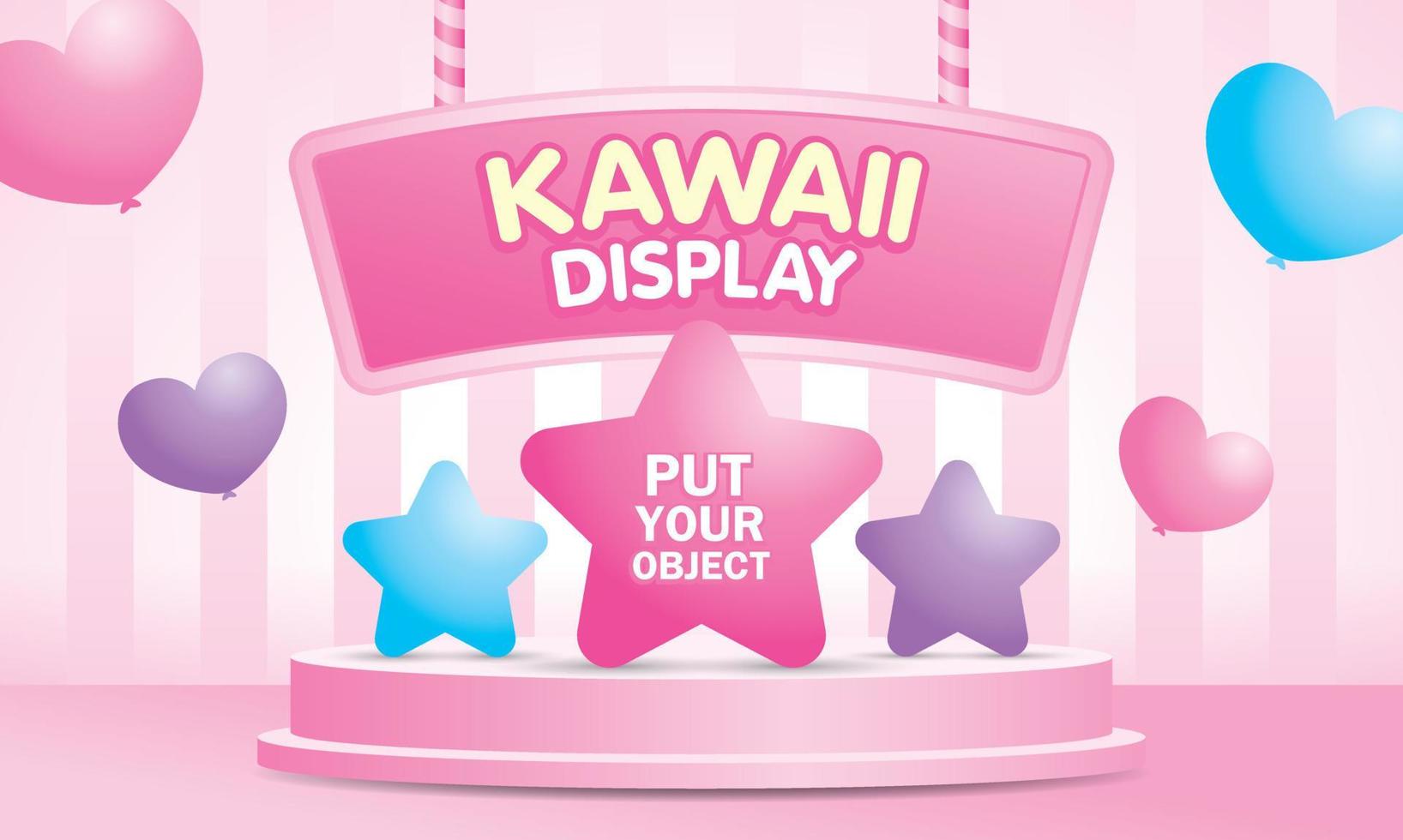 Kawaii product display stage 3d illustration vector and cute signage with star and heart elements on pink pastel background.