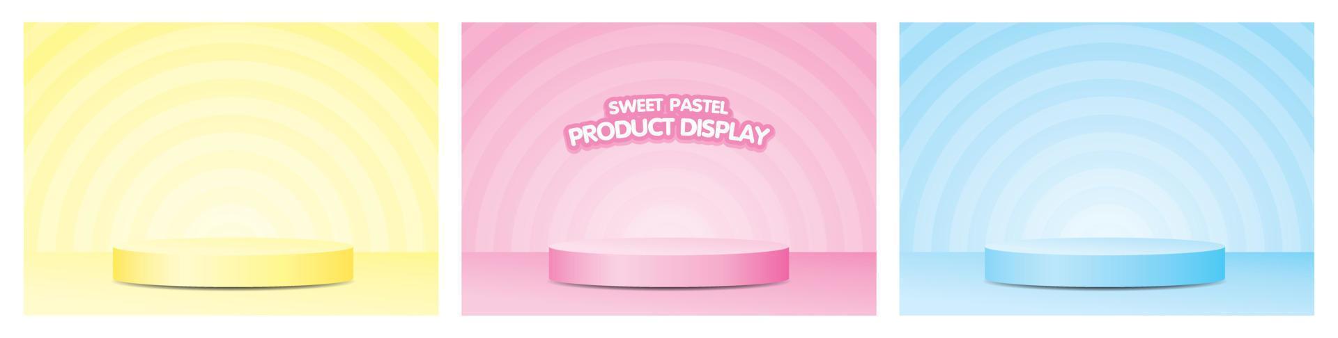 Cute pastel podium on circle striped background 3d illustration vector set.