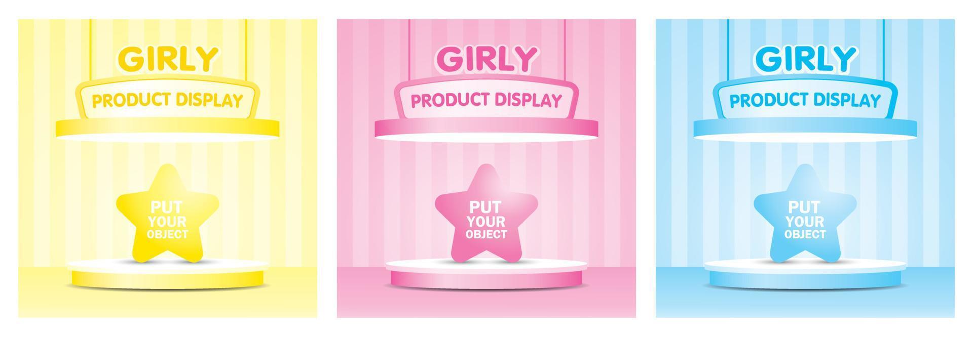 Cute pastel product stage collection consists of circle podium and ceiling with signage on striped wall in girly style for putting your object vector