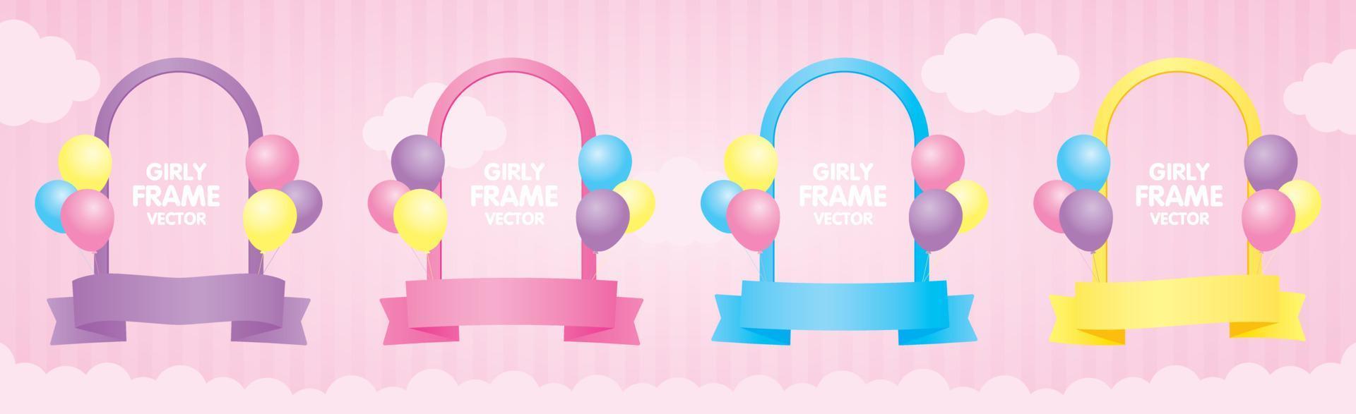 Cute girly arch frame with ribbon and balloons vector set on sweet pastel pink striped background and cloud