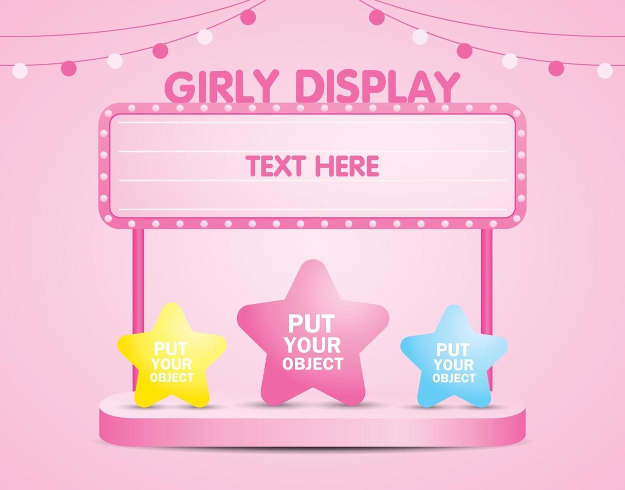 Señalización de bombilla rosa para poner el texto con el paso de visualización 3d vector de ilustración para poner el objeto en un fondo rosa pastel dulce